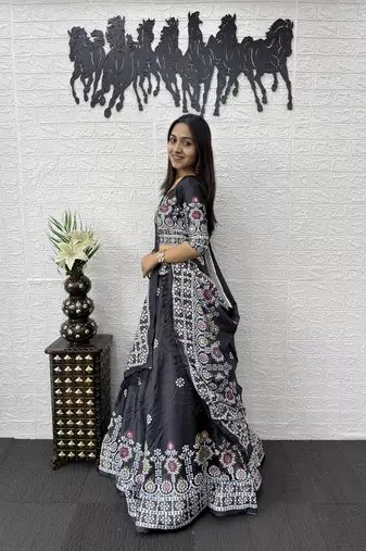 Grey Color Printed And Mirror Work Satin Lehenga Choli Set