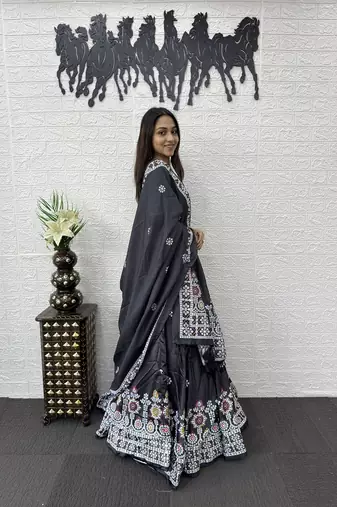 Grey Color Printed And Mirror Work Satin Lehenga Choli Set