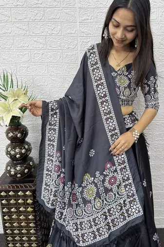 Grey Color Printed And Mirror Work Satin Lehenga Choli Set