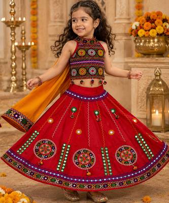 Red kutch work embroidered cotton mirrorwork chaniya choli set with dupatta 1