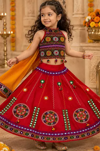 Red kutch work embroidered cotton mirrorwork chaniya choli set with dupatta