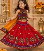 Red kutch work embroidered cotton mirrorwork chaniya choli set with dupatta