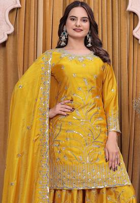 Yellow chinon  silk party wear sharara suit set 4