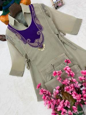 gray color embroidered wrok silk blend salwar suit 2