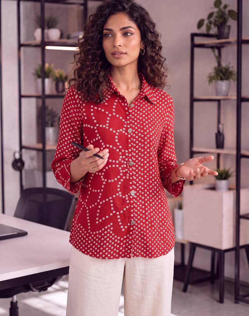 red muslin bhandhej shirt