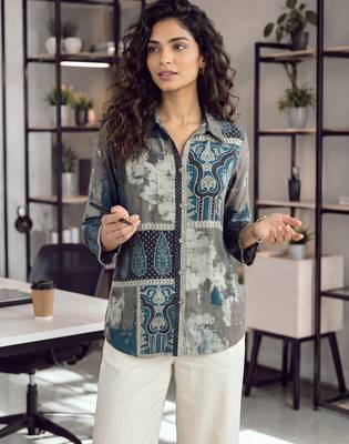 grey muslin ethnic print shirt 1