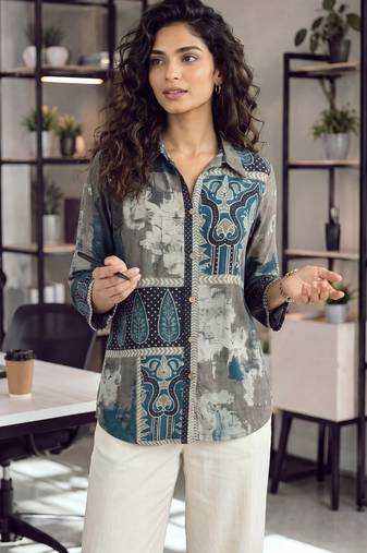  grey muslin ethnic print shirt