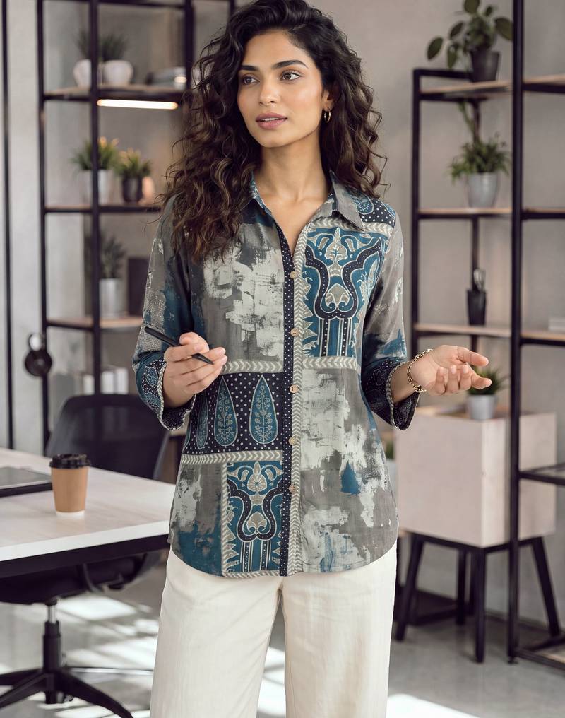  grey muslin ethnic print shirt