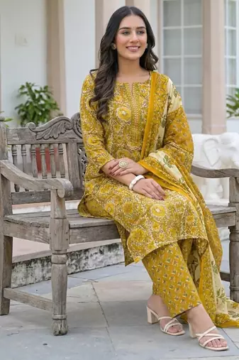 Beautiul  jaipuri mustard floral print & hand block cotton straight kurta set with plazo and dupatta