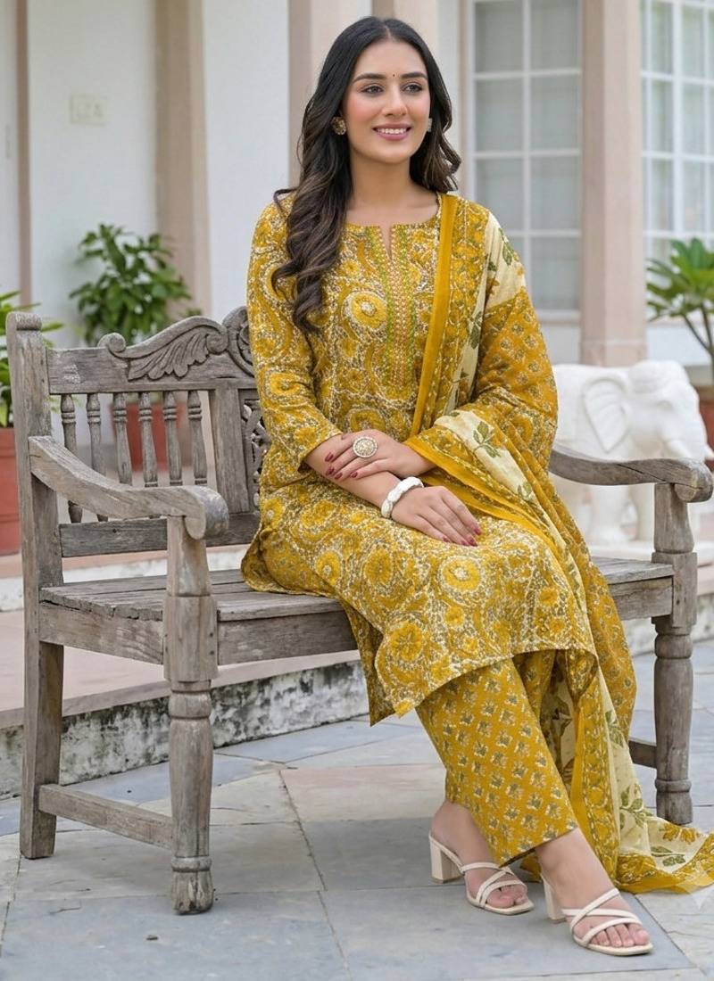 Beautiul  jaipuri mustard floral print & hand block cotton straight kurta set with plazo and dupatta