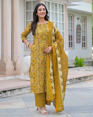 Beautiul  jaipuri mustard floral print & hand block cotton straight kurta set with plazo and dupatta 3