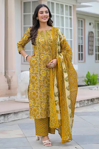Beautiul  jaipuri mustard floral print & hand block cotton straight kurta set with plazo and dupatta