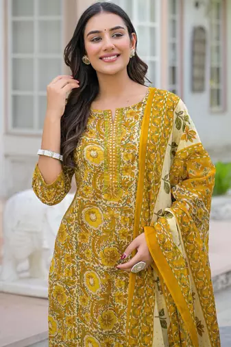 Beautiul  jaipuri mustard floral print & hand block cotton straight kurta set with plazo and dupatta