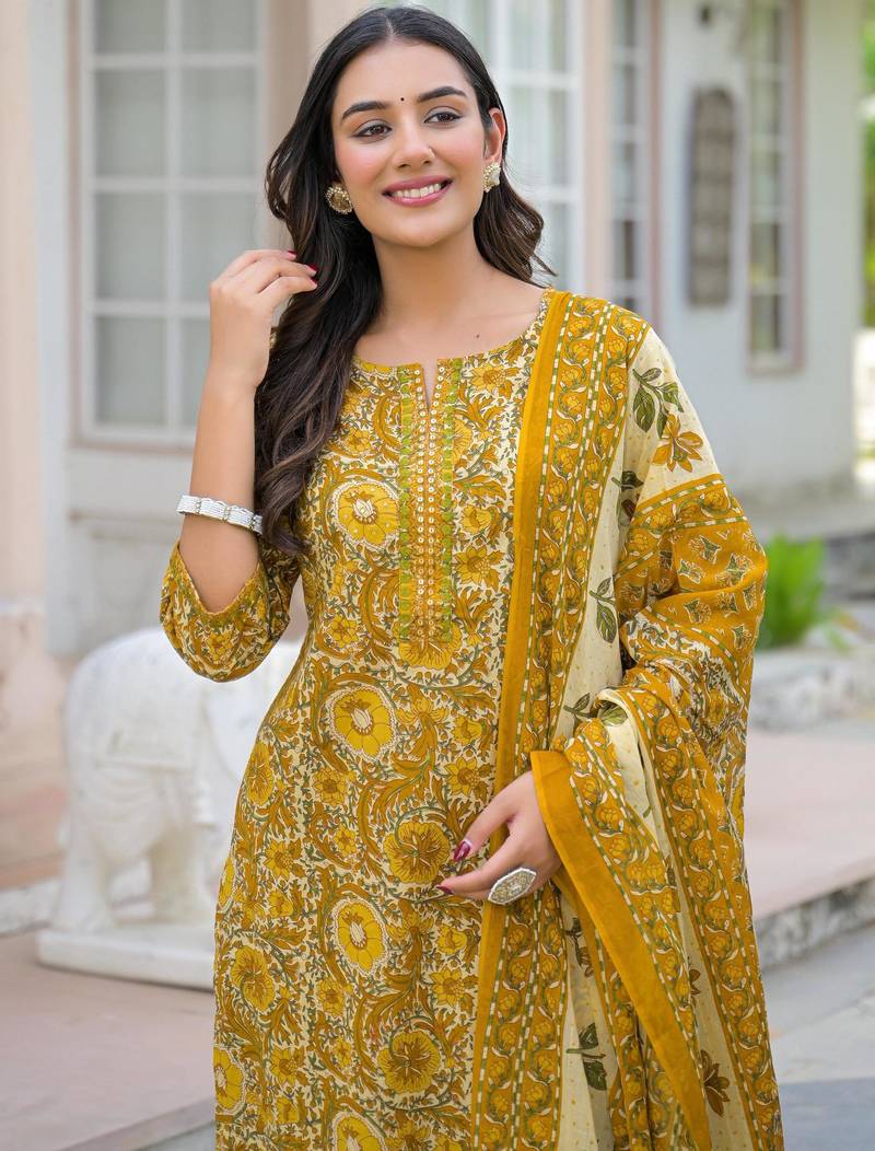 Beautiul  jaipuri mustard floral print & hand block cotton straight kurta set with plazo and dupatta