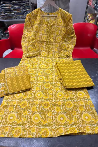 Beautiul  jaipuri mustard floral print & hand block cotton straight kurta set with plazo and dupatta