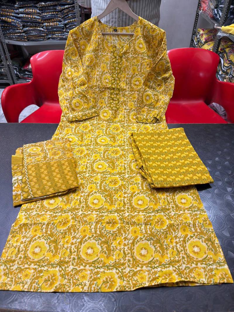Beautiul  jaipuri mustard floral print & hand block cotton straight kurta set with plazo and dupatta