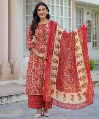 Beautiul red hand block printed cotton straight kurta palazzo suit set with dupatta 1