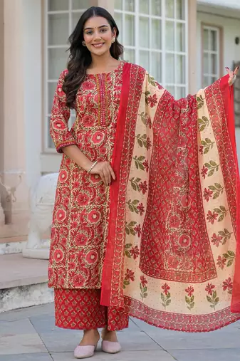 Beautiul red hand block printed cotton straight kurta palazzo suit set with dupatta