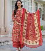 Beautiul red hand block printed cotton straight kurta palazzo suit set with dupatta
