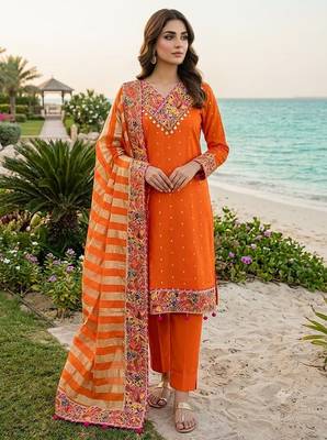 orange zari embroidered silk-blend striped dupatta salwar suit setorange mirror work kurta set 1