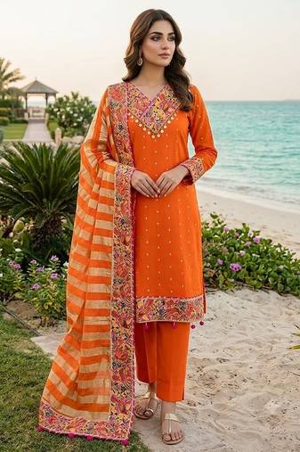 orange zari embroidered silk-blend striped dupatta salwar suit setorange mirror work kurta set