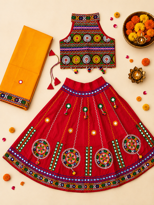 Red kutch work embroidered cotton mirrorwork chaniya choli set with dupatta 2
