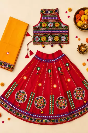 Red kutch work embroidered cotton mirrorwork chaniya choli set with dupatta