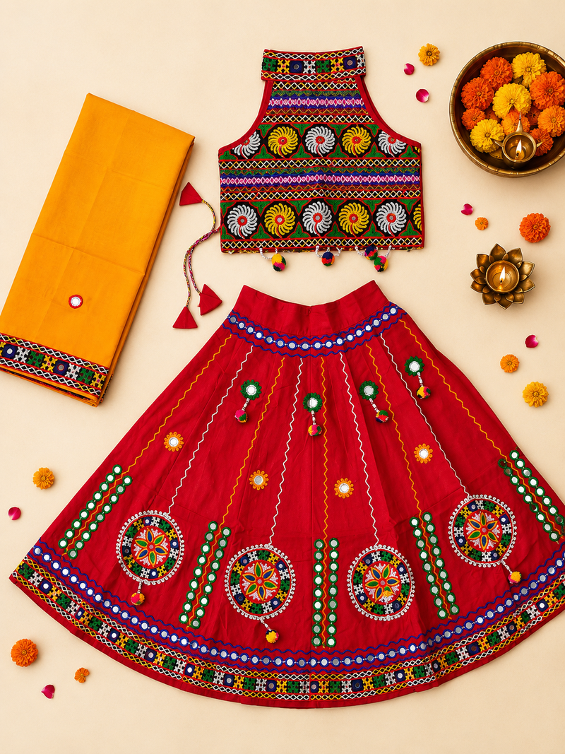 Red kutch work embroidered cotton mirrorwork chaniya choli set with dupatta