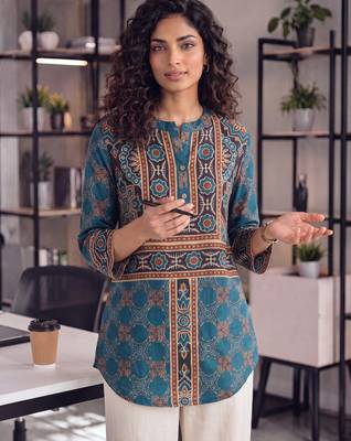  blue pure muslin ethnic printe shirt 1