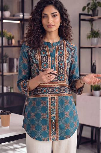  blue muslin ethnic printe shirt