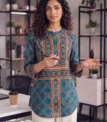  blue pure muslin ethnic printe shirt
