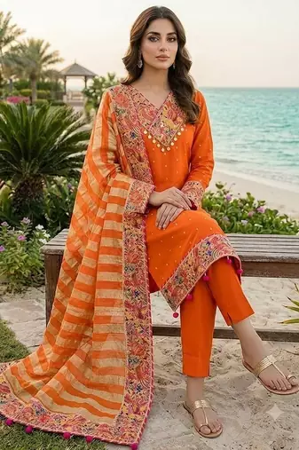 orange zari embroidered silk-blend striped dupatta salwar suit setorange mirror work kurta set