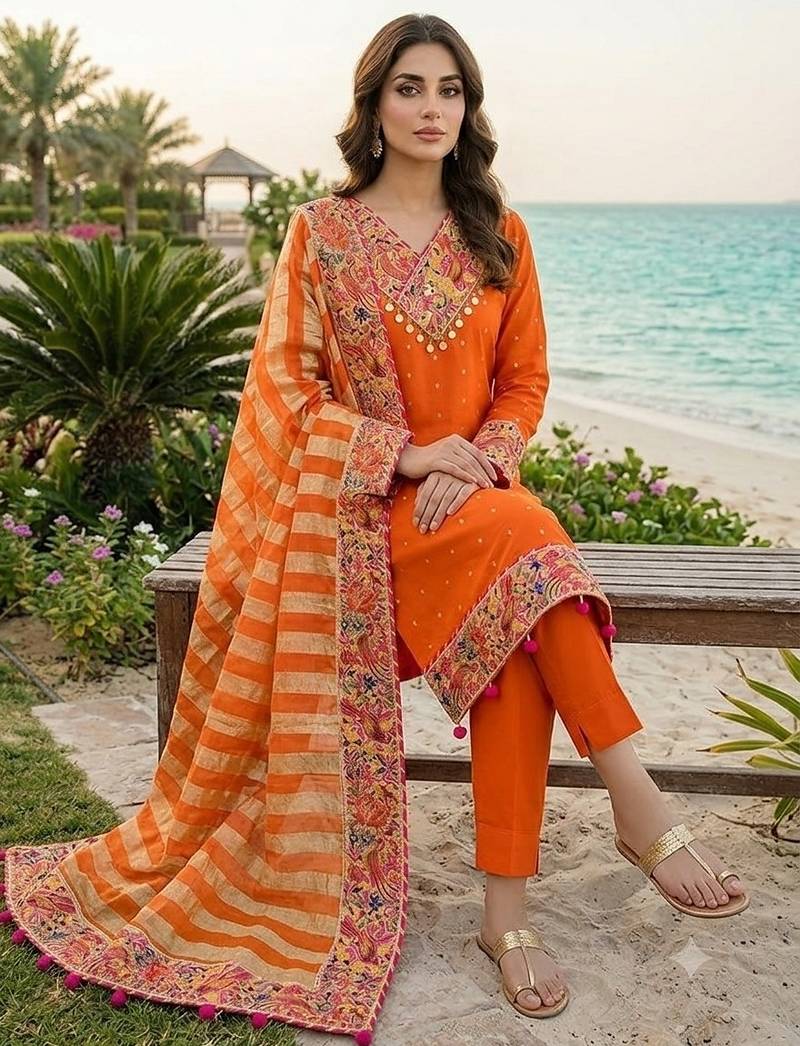 orange zari embroidered silk-blend striped dupatta salwar suit setorange mirror work kurta set
