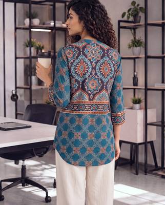  blue pure muslin ethnic printe shirt 3