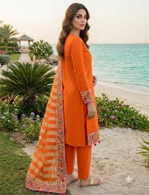 orange zari embroidered silk-blend striped dupatta salwar suit setorange mirror work kurta set 4