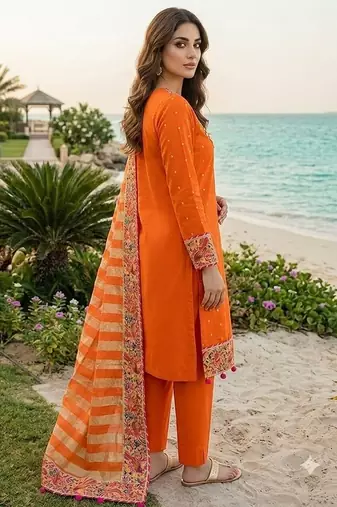 orange zari embroidered silk-blend striped dupatta salwar suit setorange mirror work kurta set