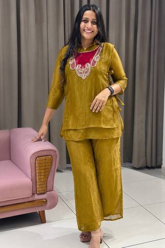 olive color embroidered wrok silk blend salwar suit
