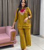 olive color embroidered wrok silk blend salwar suit