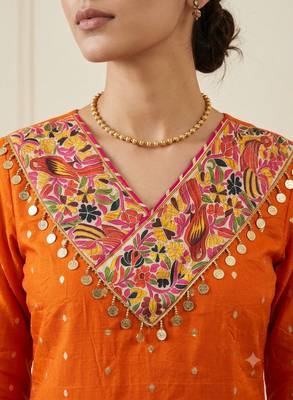 orange zari embroidered silk-blend striped dupatta salwar suit setorange mirror work kurta set 5