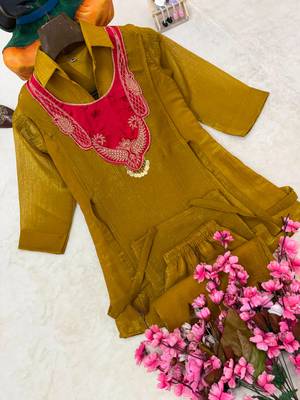 olive color embroidered wrok silk blend salwar suit 3