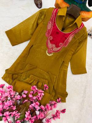 olive color embroidered wrok silk blend salwar suit 4