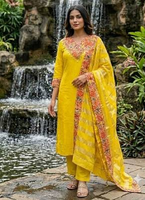 mustard yellow embroidered chanderi straight kurta pant set with dupatta 1