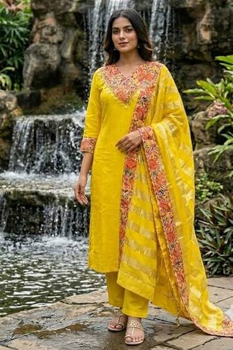 mustard yellow embroidered chanderi straight kurta pant set with dupatta