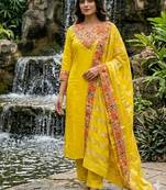 mustard yellow embroidered chanderi straight kurta pant set with dupatta