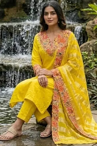 mustard yellow embroidered chanderi straight kurta pant set with dupatta
