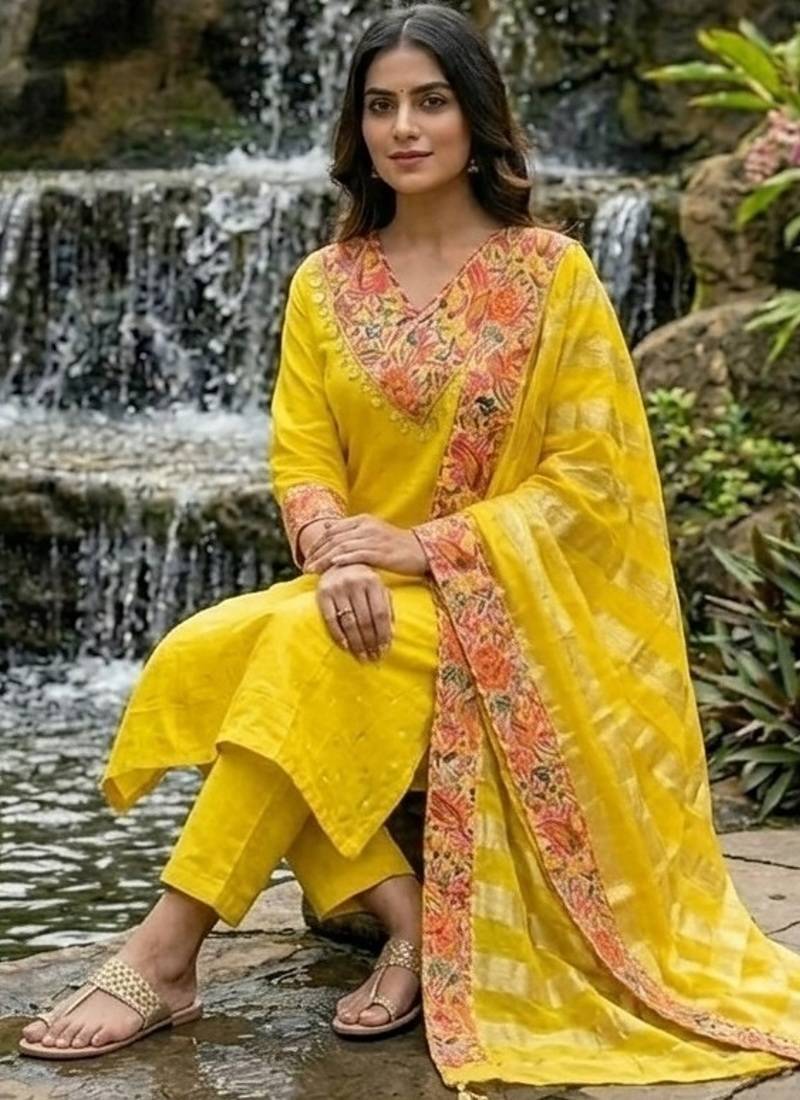 mustard yellow embroidered chanderi straight kurta pant set with dupatta