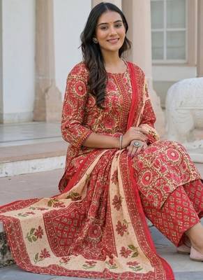 Beautiul red hand block printed cotton straight kurta palazzo suit set with dupatta 2