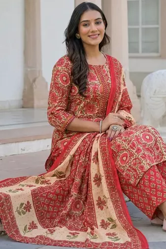 Beautiul red hand block printed cotton straight kurta palazzo suit set with dupatta