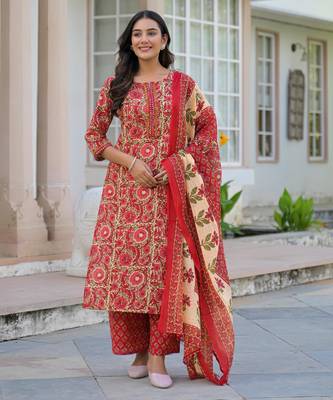 Beautiul red hand block printed cotton straight kurta palazzo suit set with dupatta 3