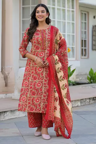 Beautiul red hand block printed cotton straight kurta palazzo suit set with dupatta